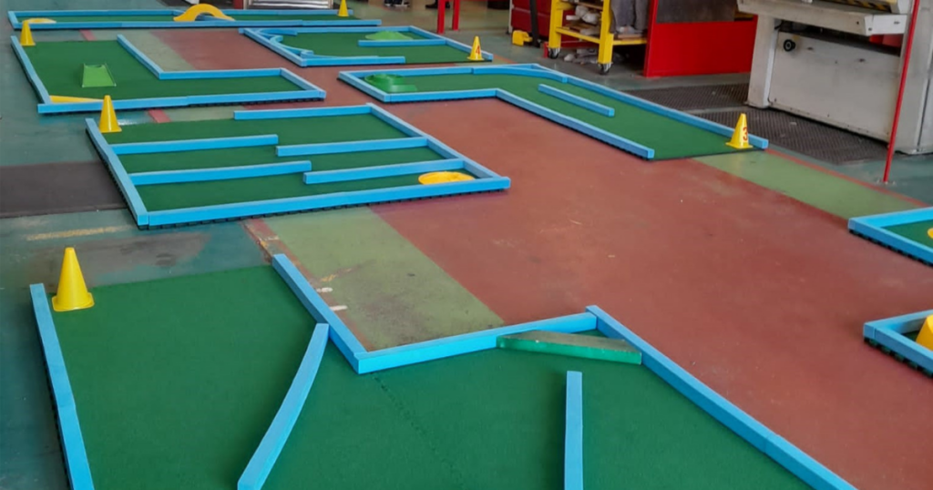 Mini Golf Course set up in warehouse at FSM Manufacturing